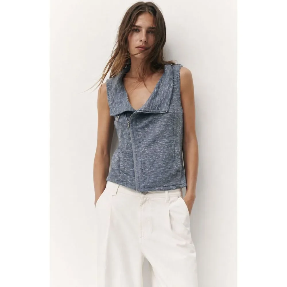 For Cynthia Blue Zip Up Collared Sleeveless Knit Vest Casual Layer Cozy Top S